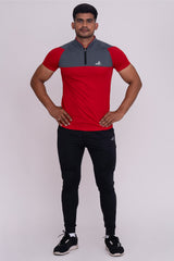 Stand Neck Semi Collar T-Shirts Red Dark Grey (D)