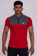 Stand Neck Semi Collar T-Shirts Red Dark Grey (D)