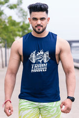 QUIRKY GYM VEST NAVY BLUE - TRAIN HARD